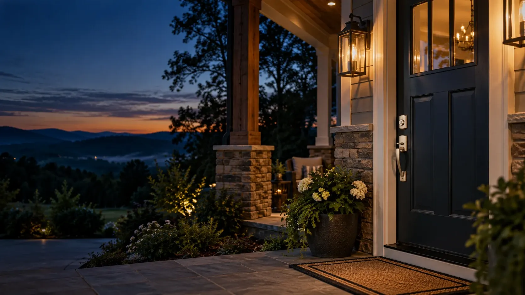 Luxury home entrance at twilight with stone pillars, black door, lantern lighting, and mountain valley view