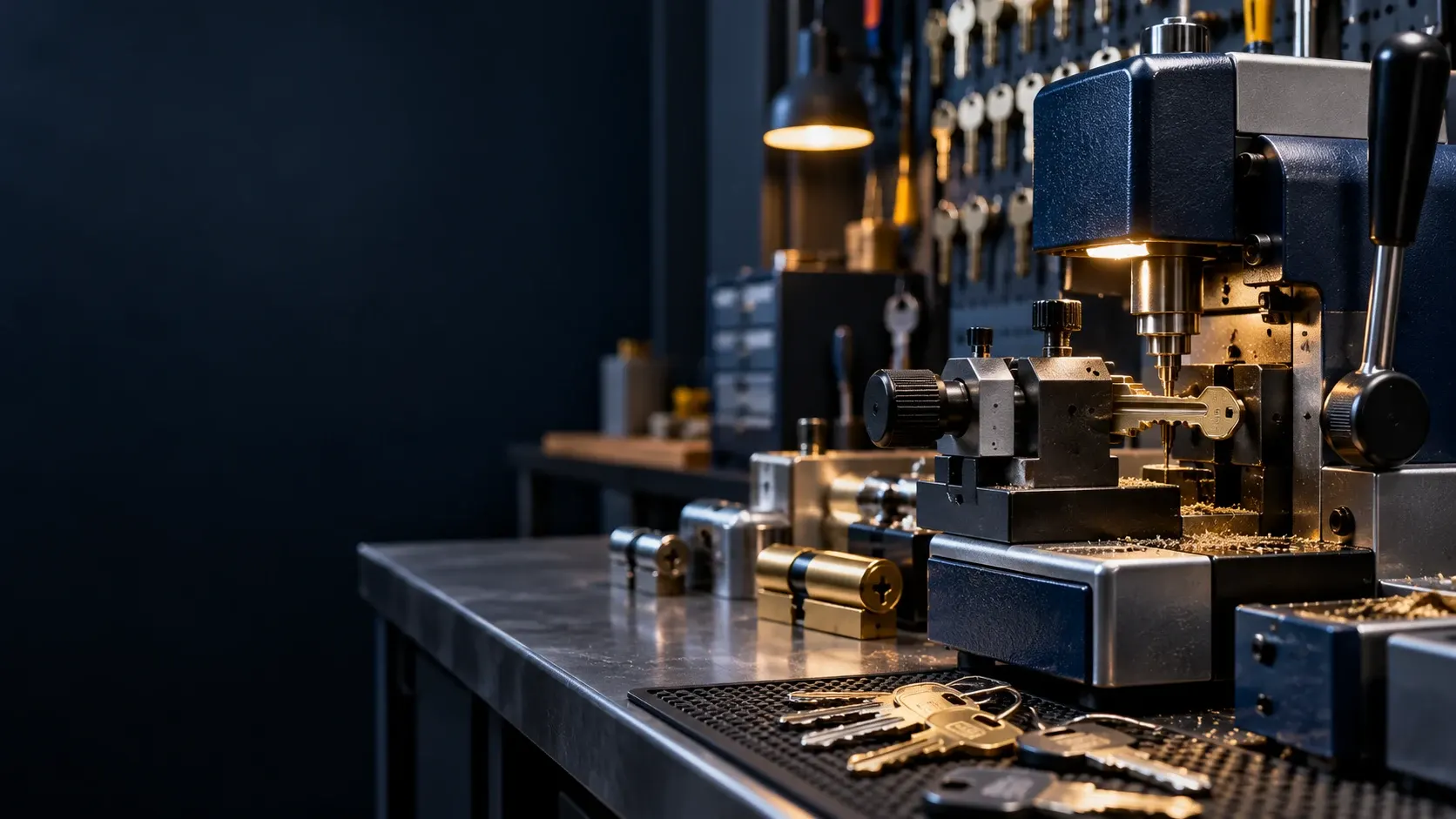 Locksmith workshop with key cutting machines, vises, brass keys, and cylinders on workbench