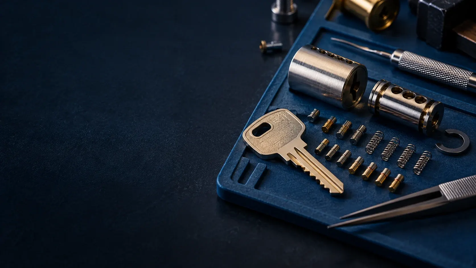 Locksmith tools and brass key on blue organizer tray with springs and pins