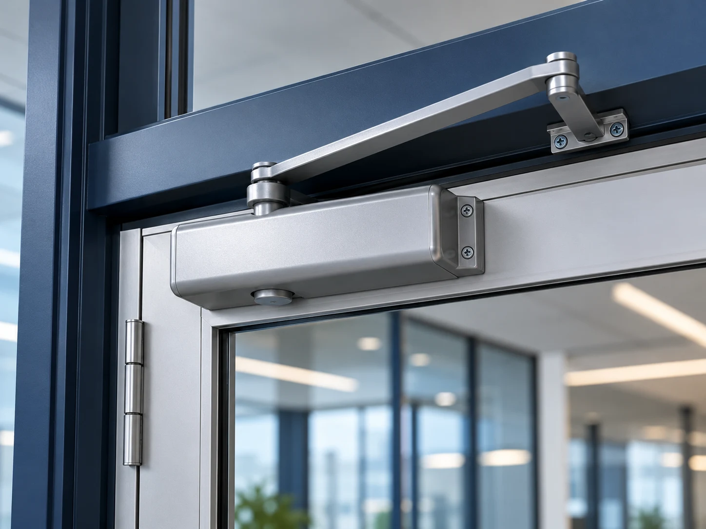Modern stainless steel door closer mounted on glass entrance door frame