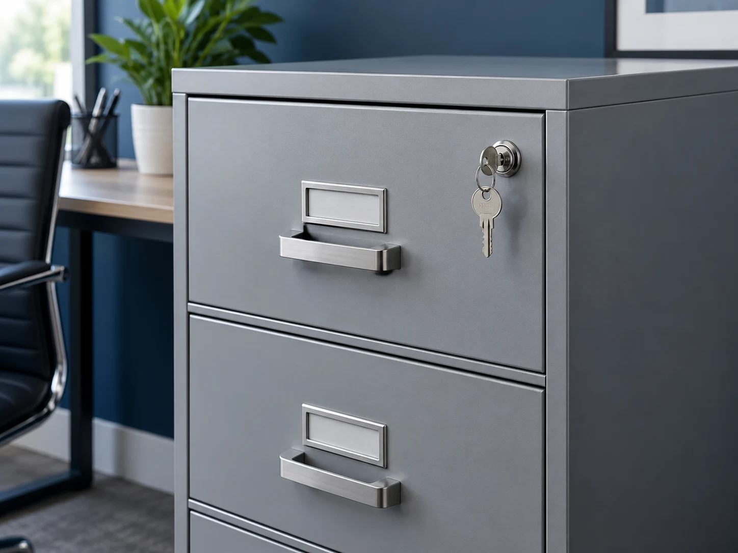 Gray metal filing cabinet with two drawers and lock in modern office setting