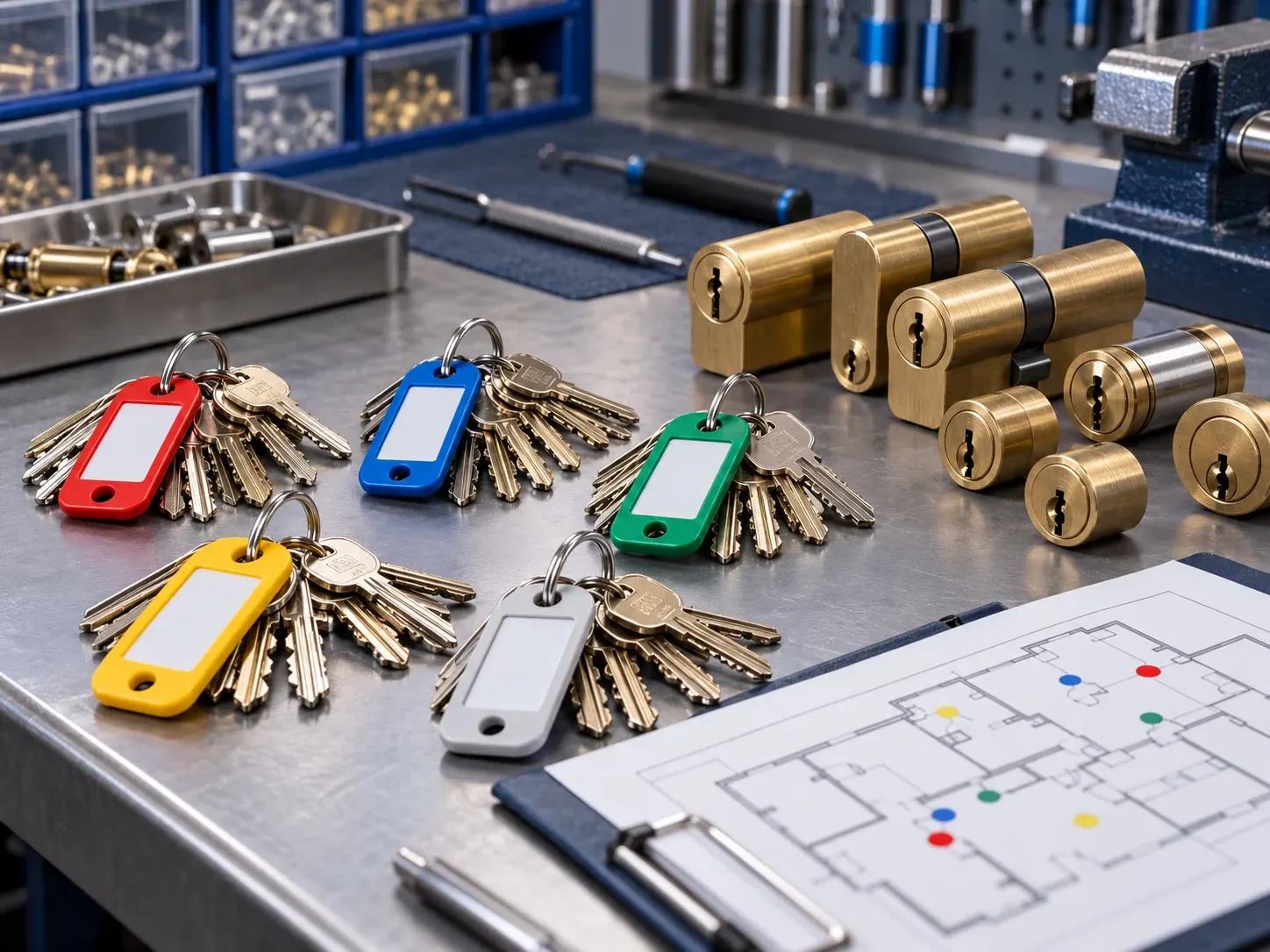 Locksmith workbench with keychains, brass cylinders, keys, and building blueprint